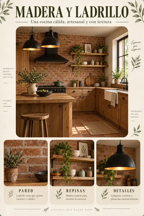 Ilustración de una cocina con pared de aspecto ladrillo, frentes veteados y lámparas negras