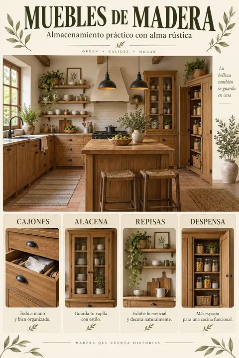 Ilustración de una cocina con frentes veteados y detalles de cajones, alacena, repisas y despensa