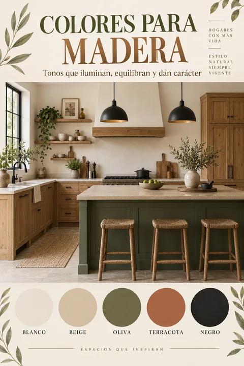 Ilustración de una cocina con isla verde y muestras de blanco, beige, oliva, terracota y negro