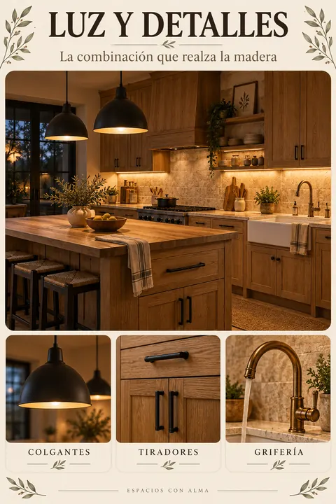 Ilustración de una cocina iluminada con detalles de lámparas negras, tiradores y grifería dorada
